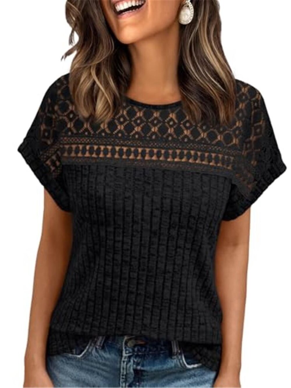 Womens Black Lace Top Short Sleeve Crochet Blouse Casual Summer Business Shirt